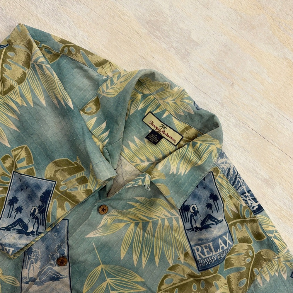 Tommy Bahama Shirt Relax Silk M Tropical Postcard Palm Leaf Blue Green Mens